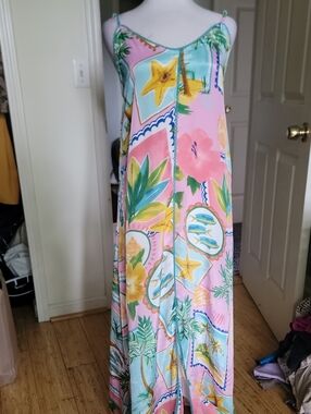 Free Destinations Pink Tropical Print Maxi Slip Dress